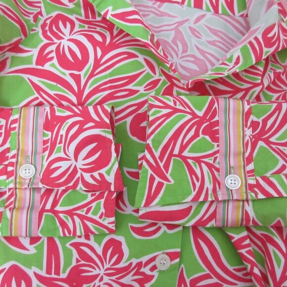 IZOD Stretch Blouse Sz Petite Large Button Front Hawaiian Tropical Print Cruise - Picture 7 of 9